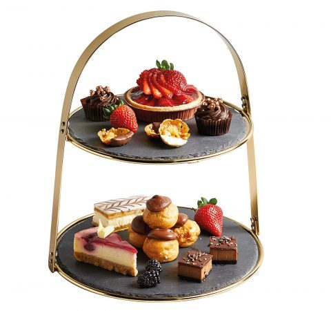 Gold 2-Tiered Slate Stand (with cakes)